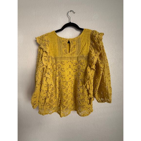 Anthropologie Yellow Lace Long Sleeve Ruffle Blouse Top Size 10 Boho‎ Romantic - Picture 2 of 4